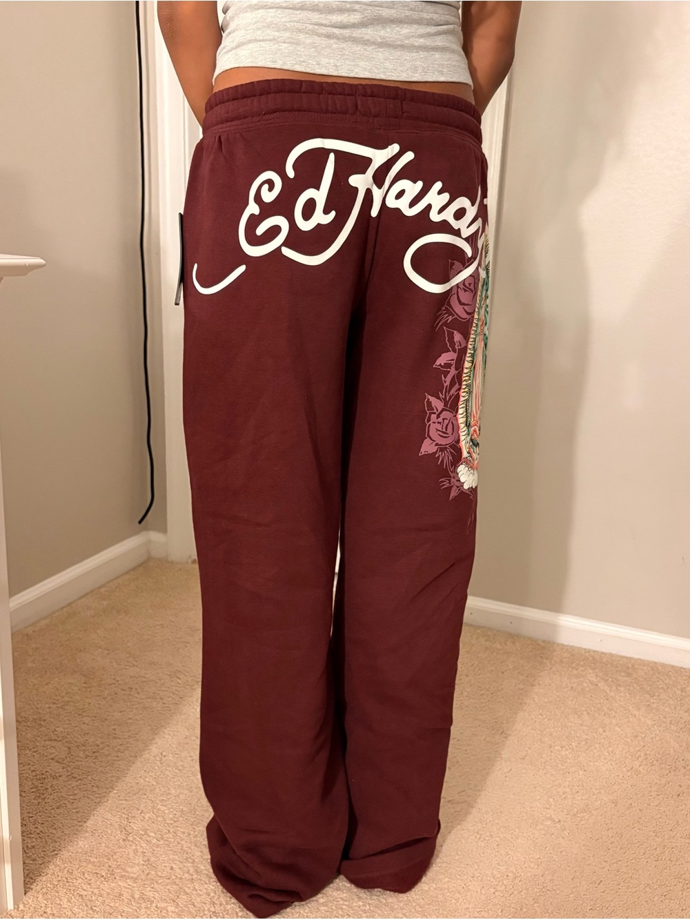 Ed hardy burgundy wide leg sweatpants our lady of Guadalupe golf graphics size S